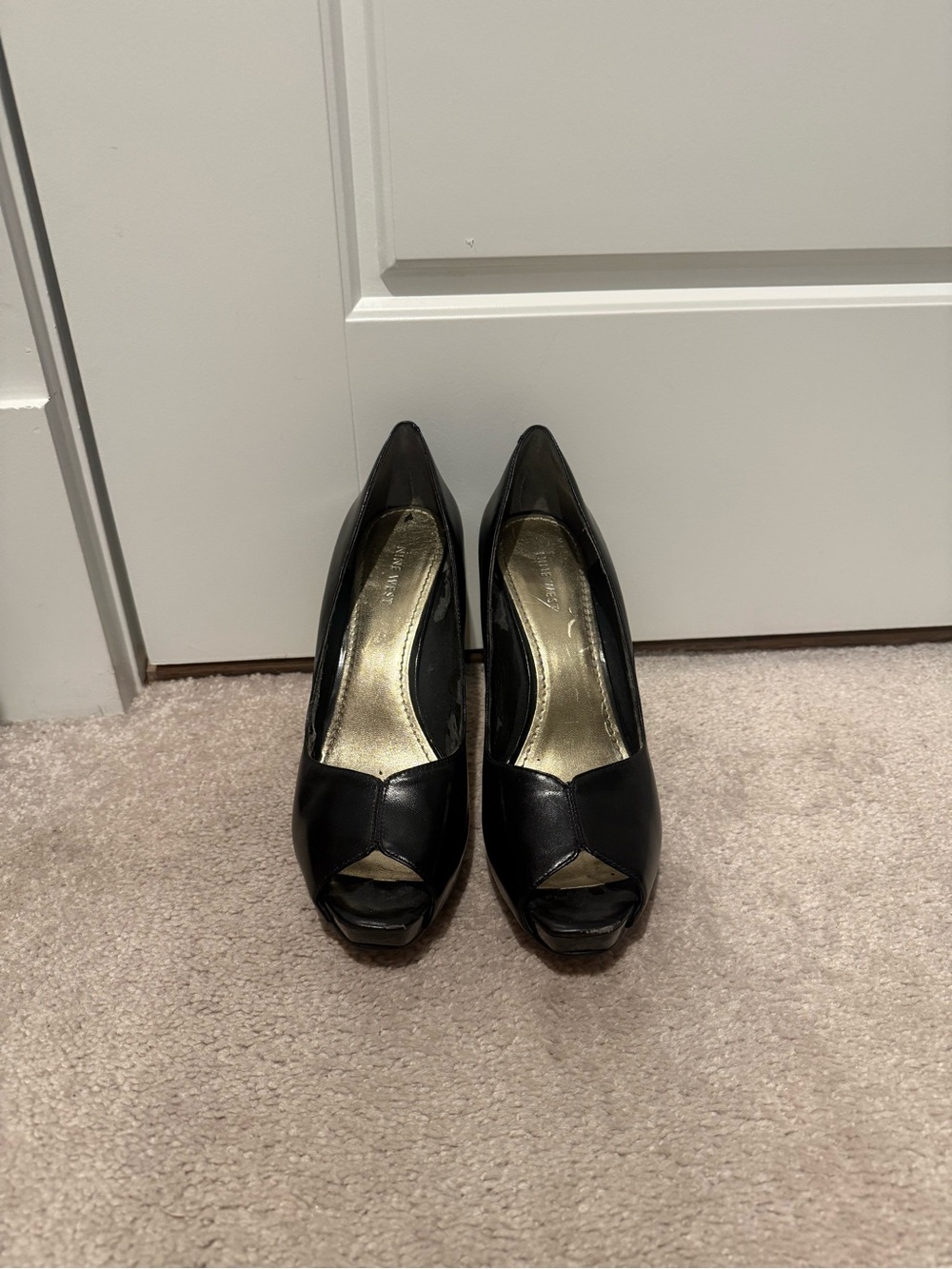 Nine West Black Peep-Toe Heels with Gold Insole
